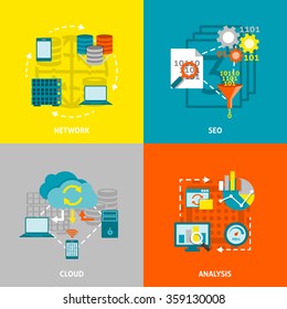 Cloud analyzes and searching engine optimization data analytics network 4 flat icons square composition banner isolated vector illustration 