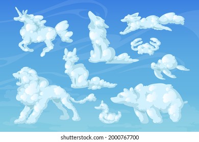 Wolken, Karikaturenflauschig in Form von Einhorn, Bär, Wolf und Schildkröte mit Katze, Fuchs und Löwe oder Ente mit Krabbe, die in blauem Himmel fliegt, natürliche Wetterdesign-Elemente, traumartige Wesen