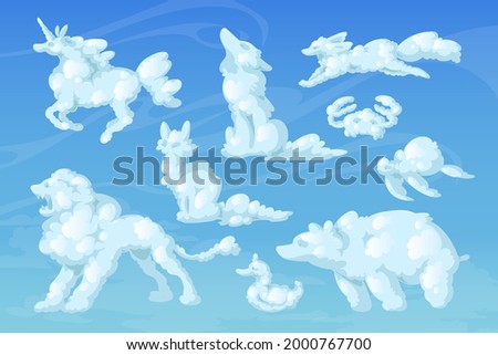 Cloud animals, cartoon fluffy eddies in shape of unicorn, bear, wolf and turtle with cat, fox and lion or duck with crab flying in blue sky, natural vector weather design elements, dreamlike creatures