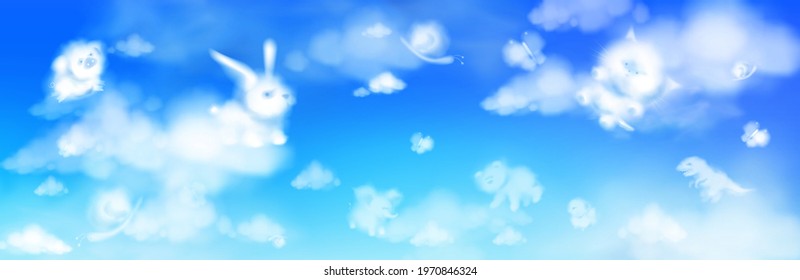 Cloud animals flying in blue sky, fluffy eddies in shape of cute rabbit, bear, elephant and pig with chick and snail or cat with dinosaur, weather and nature concept, realistic 3d vector illustration