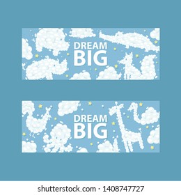 Cloud animals pattern vector cartoon cloudy fluffy animalistic characters backdrop and blue clouded sky heaven wallpaper illustration cloudscape dreams background set.