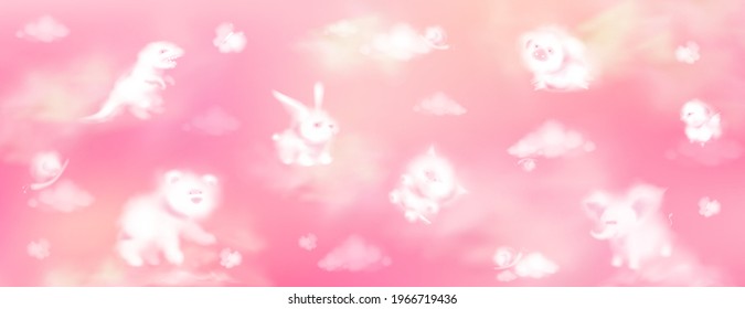 Cloud animals, realistic fluffy eddies in shape of cute rabbit, bear, dinosaur and pig with butterfly, cat and snails flying on pink background, weather and nature kids design elements 3d vector set