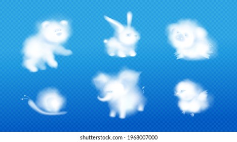 Cloud animals, realistic fluffy eddies in shape of cute rabbit, bear, elephant and pig with chick and snail flying on blue transparent background, weather and nature kids design elements 3d vector set