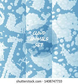 Cloud animals seamless pattern vector cartoon cloudy fluffy animalistic characters backdrop and blue clouded skyline heaven wallpaper illustration cloudscape set background.