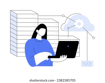 Cloud architect abstract concept vector illustration. Datacenter worker with diagram and laptop, technology, network security architecture, edge computing, cloud network safety abstract metaphor.