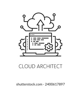 Cloud architect, IT specialist icon of data storage engineer and digital network management, line vector. Data cloud software and web storage engineering specialist pictogram of server cloud thin line