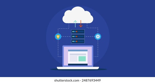 Arquitectura de nube, Transferencia de datos desde el servidor de nube, Sistema de seguridad de datos de nube, Red de nube - Ilustración vectorial con iconos