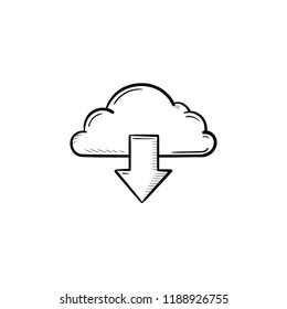Cloud with arrow down hand drawn outline doodle icon. Download, cloud computing, database concept. Vector sketch illustration for print, web, mobile and infographics on white background.