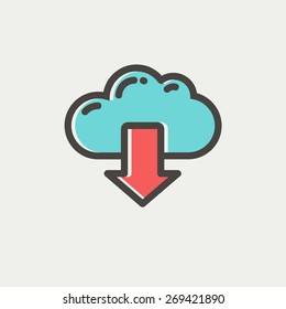Cloud with arrow down icon thin line for web and mobile, modern minimalistic flat design. Vector icon with dark grey outline and offset colour on light grey background.