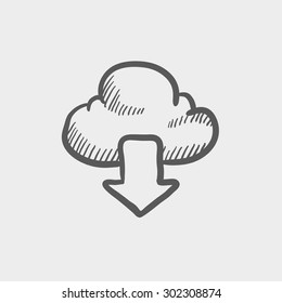 Cloud with arrow down sketch icon for web and mobile. Hand drawn vector dark grey icon on light grey background.