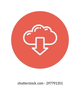 Cloud with arrow down thin line icon for web and mobile minimalistic flat design. Vector white icon inside the red circle.