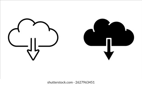 Nuvem com seta para baixo ícone de esboço de vetor isolado no plano de fundo. Cloud desenhado à mão com seta para baixo ícone. Nuvem com seta para baixo ícone de esboço para infográfico, site ou aplicativo.