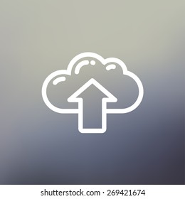 Cloud with arrow up icon thin line for web and mobile, modern minimalistic flat design. Vector white icon on gradient  mesh background.