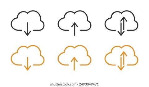 Cloud with arrow line vector icons set. Cloud with arrows up and down icons