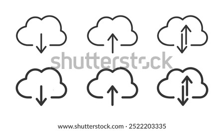 Cloud with arrow line vector icons set. Cloud with arrows up and down icons set