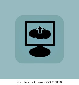 Cloud and up arrow on screen, in square, on pale blue background