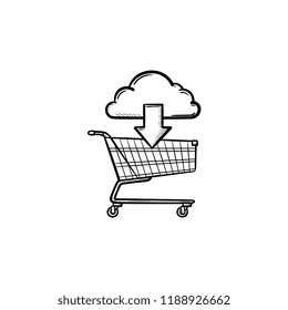 Nube con flecha apuntando al icono del doodle dibujado a mano en el carro de la compra. Compras en línea, concepto de compra. Ilustración vectorial para impresión, web, móvil e infografía sobre fondo blanco.