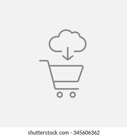 Cloud with arrow pointing at shopping cart line icon for web, mobile and infographics. Vector dark grey icon isolated on light grey background.