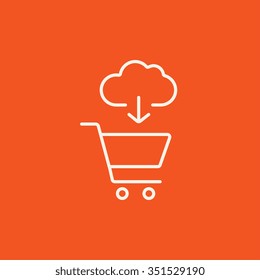 Nube con flecha apuntando al icono de la línea del carro de la compra para web, móvil e infografía. Icono blanco vector aislado en fondo rojo.