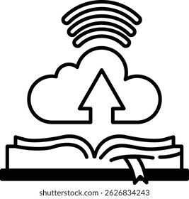 A cloud with an arrow pointing upwards is above an open book