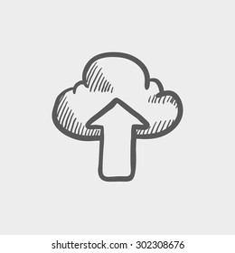 Nube con un icono de esbozo de flecha hacia arriba para web y móvil. Icono de gris oscuro vector dibujado a mano sobre fondo gris claro.