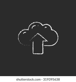 Cloud with arrow, cloud upload hand drawn in chalk on a blackboard vector white icon isolated on a black background.