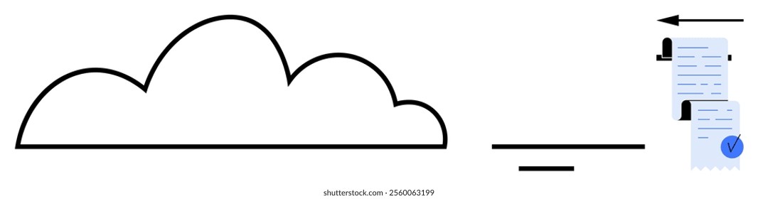 Cloud and arrow with uploaded document. Ideal for cloud storage, data transfer, document management, secure uploads, digital archiving. Outline style. Blue, black, and white