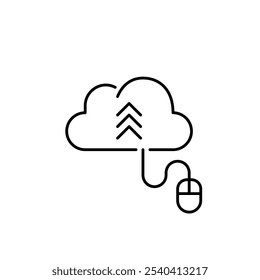 Cloud with arrows up and computer mouse connected to it. File upload. Data transfer to online storage. Growth through cloud-based solutions. Pixel perfect, editable stroke icon