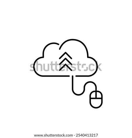 Cloud with arrows up and computer mouse connected to it. File upload. Data transfer to online storage. Growth through cloud-based solutions. Pixel perfect, editable stroke icon