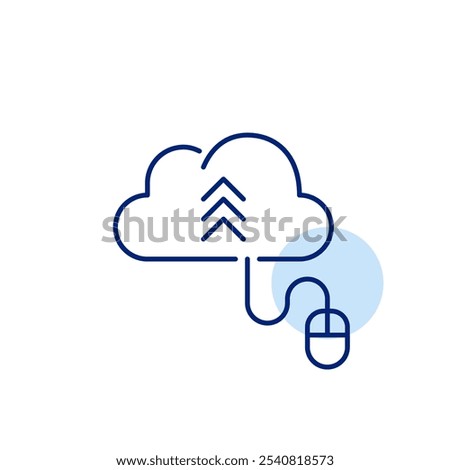 Cloud with arrows up and computer mouse connected to it. File upload. Data transfer to online storage. Growth through cloud-based solutions. Pixel perfect vector icon