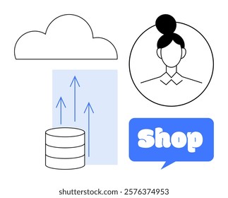 Cloud, arrows and a database storage icon, a profile of a woman, and a speech bubble with Shop. Ideal for e-commerce, cloud computing, user interaction, data storage, and online business. Simple