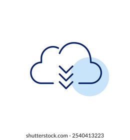 Cloud and arrows down. Downloading files from online storage. Data transfer and instant backup. Pixel perfect vector icon