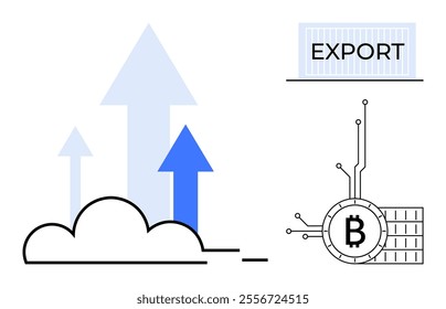 Cloud with arrows going upwards and cryptocurrency symbol illustrate export growth and economic modernization. Ideal for trade, cryptocurrency, blockchain technology, economic development, data