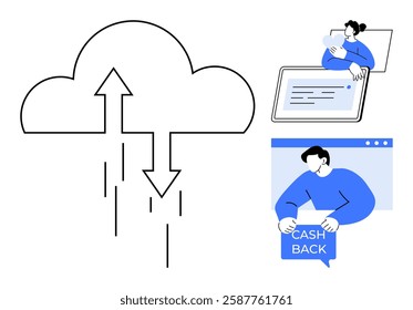 Cloud with arrows indicating upload and download. Woman using digital tablet and person holding cashback sign. Ideal for technology, finance, remote work, online transactions, cloud computing