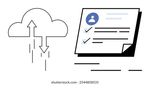 Cloud with arrows pointing up and down visualizes data transfer adjacent document showcases checklist with user avatar. Ideal for data management, cloud computing, digital documentation, tech
