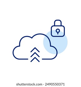 A cloud with arrows pointing up and a lock. Secure data synchronization and backup. Pixel perfect, editable stroke icon