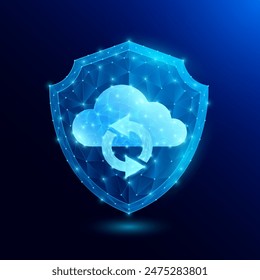 Nube con flechas giran círculos en escudo poligonal futurista brillante. Seguridad del almacenamiento de información. Conexión de datos en red con varios dispositivos. Innovación en tecnología digital inalámbrica inteligente. Vector.