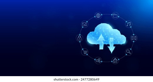 Cloud with arrows rotate polygonal futuristic glowing. Surround social icon. Storage space and data connection network multiple devices. Digital technology innovation. Vector.