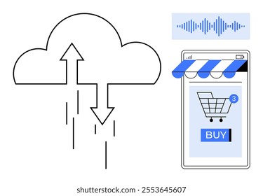 Cloud with arrows signifies data transfer. Online store on a phone shows a cart and buy button. Sound wave icon suggests voice recognition. Ideal for cloud computing, e-commerce, data transfer, voice