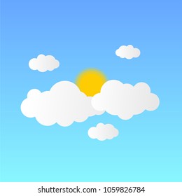 Cloud background in flat design with sun on blue background