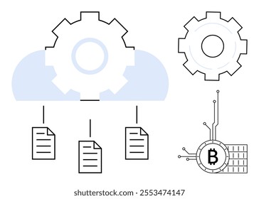 Cloud background with gear symbol, connected documents, and a gear with blockchain reference. Ideal for cloud computing, data sharing, blockchain technology, digital storage, and networking. Modern