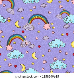 Cloud Background, Rainbow Seamless Pattern, Cartoon Vector Illustration, purple Sky Background for Kid