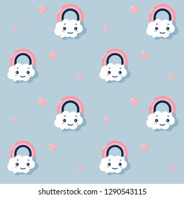 Cloud Background, Rainbow Seamless Pattern, Cartoon Vector Illustration, Blue Sky Background for Kid