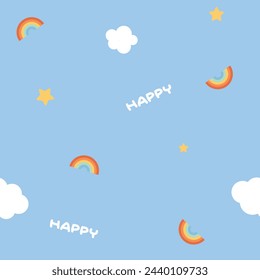 Cloud Background, Rainbow Seamless Pattern, Cartoon Vector Illustration, Light blue Sky Background for Kid