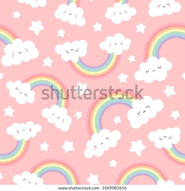 雲の背景 虹のシームレスなパターン カートーンベクターイラスト 子どものピンクの空の背景 のベクター画像素材 ロイヤリティフリー