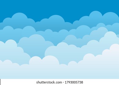 Cloud background. Sky cartoon pattern. Abstract blue heaven with layers for wallpaper. White clouds with borders. Gradient banner of nature, weather and cloudscape. Light template for backdrop. Vector