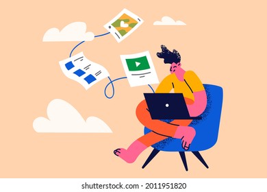 Cloud backup and database synchronization concept. Man cartoon character worker sitting with laptop working with network cloud service copying file vector illustration