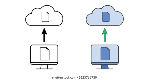 Cloud backup for files icon – a document uploading from a computer to cloud storage, representing secure file syncing and online data backup.