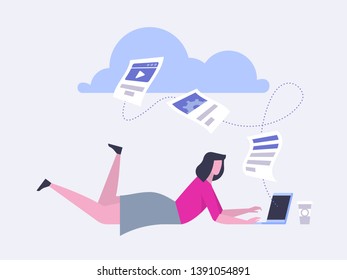 Cloud Backup. Man with laptop. Network cloud service. Migration. Backup concept. Copying file. Server. Data Center. Database Synchronize Technology. Flat design modern vector illustration concept.