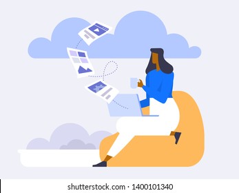 Cloud Backup. Man With Laptop. Network Cloud Service. Migration. Backup Concept. Copying File. Server. Data Center. Database Synchronize Technology. Flat Design Modern Vector Illustration Concept.